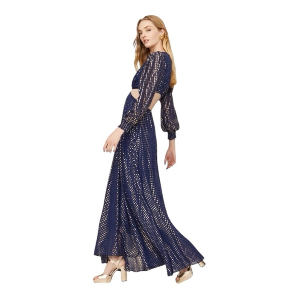 DELFI Cerise Gown Maxi Dress Waist Cutout in Blue Gold Silk Chiffon Size Large - Picture 4 of 13